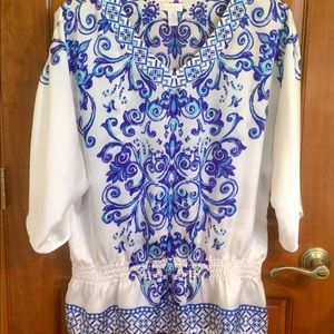 🇺🇸Chico Blue and White Jeweled Tunic Top Shirt